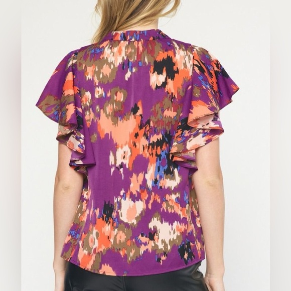 NWT Entro Pintuck Printed v-neck ruffle sleeve top women M blouse - Picture 2 of 13